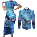New Zealand Matariki Humpback Whale Couples Matching Short Sleeve Bodycon Dress and Long Sleeve Button Shirt Paikea Maori New Year Blue Galaxy