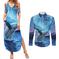 New Zealand Matariki Humpback Whale Couples Matching Summer Maxi Dress and Long Sleeve Button Shirt Paikea Maori New Year Blue Galaxy