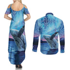 New Zealand Matariki Humpback Whale Couples Matching Summer Maxi Dress and Long Sleeve Button Shirt Paikea Maori New Year Blue Galaxy
