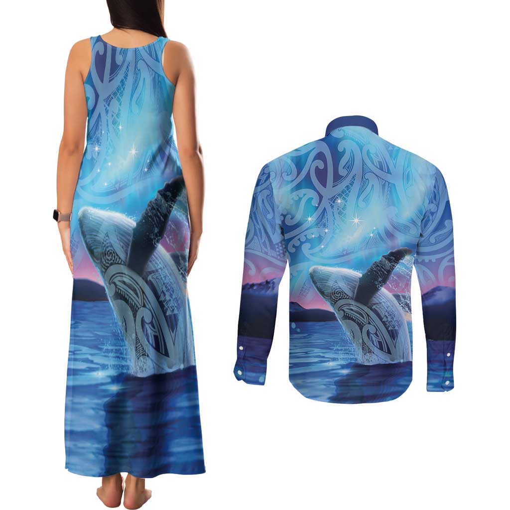New Zealand Matariki Humpback Whale Couples Matching Tank Maxi Dress and Long Sleeve Button Shirt Paikea Maori New Year Blue Galaxy