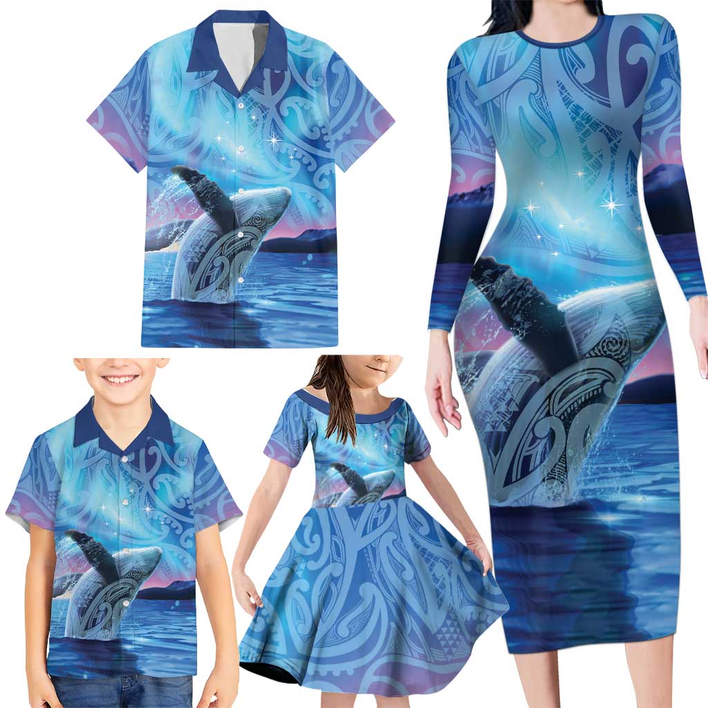 New Zealand Matariki Humpback Whale Family Matching Long Sleeve Bodycon Dress and Hawaiian Shirt Paikea Maori New Year Blue Galaxy
