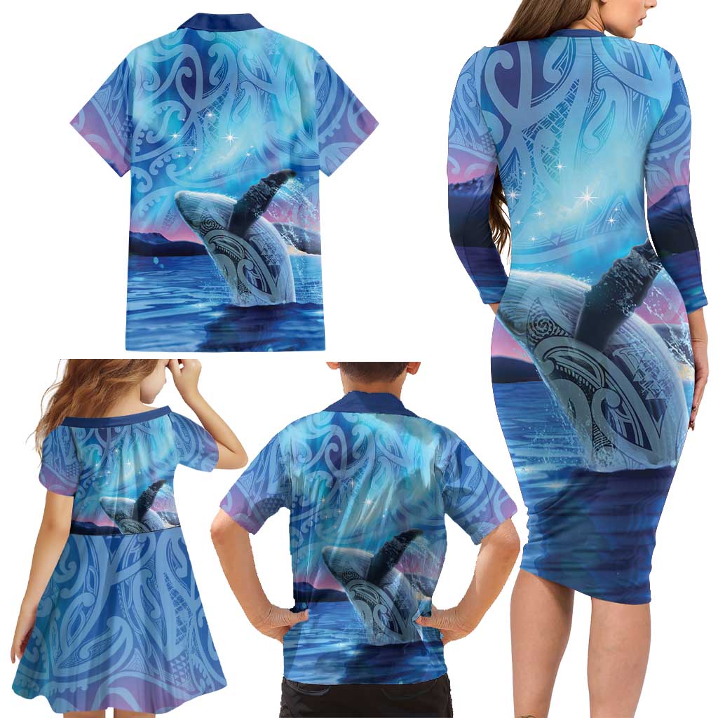 New Zealand Matariki Humpback Whale Family Matching Long Sleeve Bodycon Dress and Hawaiian Shirt Paikea Maori New Year Blue Galaxy