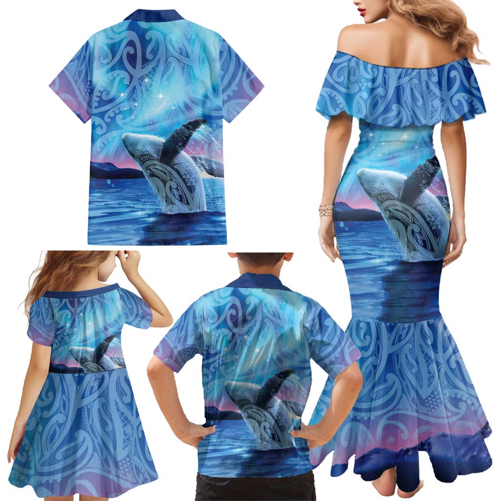 New Zealand Matariki Humpback Whale Family Matching Mermaid Dress and Hawaiian Shirt Paikea Maori New Year Blue Galaxy