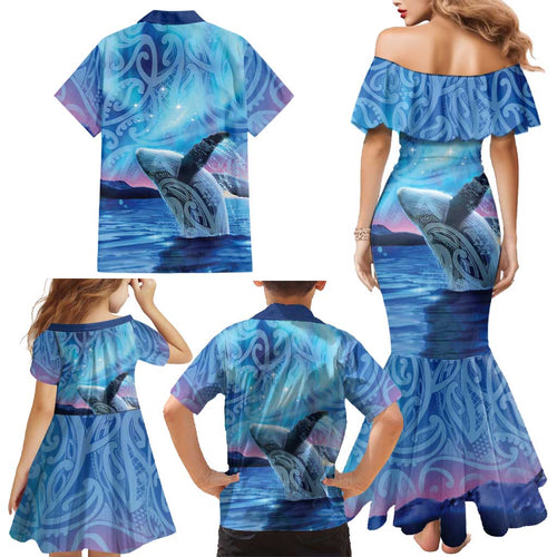 New Zealand Matariki Humpback Whale Family Matching Mermaid Dress and Hawaiian Shirt Paikea Maori New Year Blue Galaxy