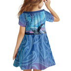 New Zealand Matariki Humpback Whale Family Matching Off The Shoulder Long Sleeve Dress and Hawaiian Shirt Paikea Maori New Year Blue Galaxy