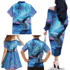 New Zealand Matariki Humpback Whale Family Matching Off The Shoulder Long Sleeve Dress and Hawaiian Shirt Paikea Maori New Year Blue Galaxy