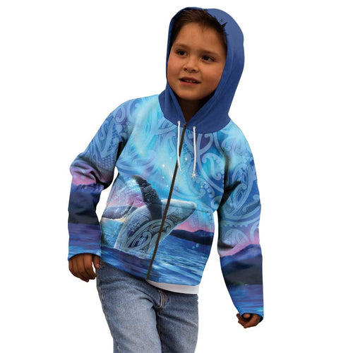New Zealand Matariki Humpback Whale Kid Hoodie Paikea Maori New Year Blue Galaxy