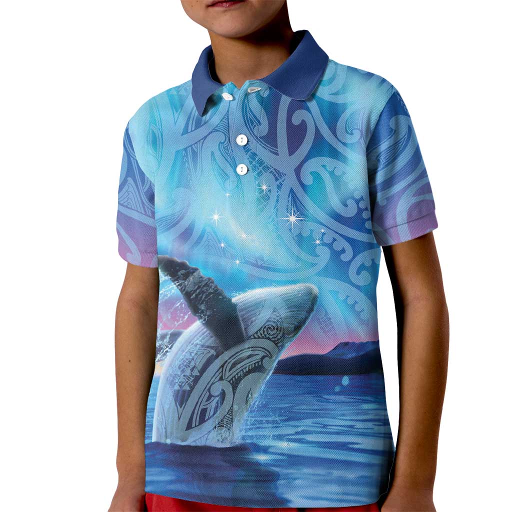 New Zealand Matariki Humpback Whale Kid Polo Shirt Paikea Maori New Year Blue Galaxy