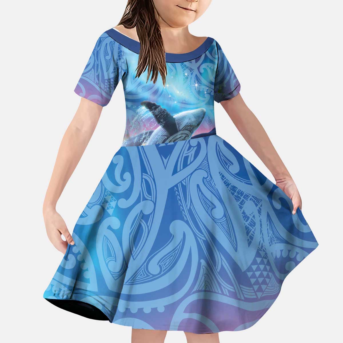 New Zealand Matariki Humpback Whale Kid Short Sleeve Dress Paikea Maori New Year Blue Galaxy