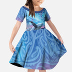 New Zealand Matariki Humpback Whale Kid Short Sleeve Dress Paikea Maori New Year Blue Galaxy