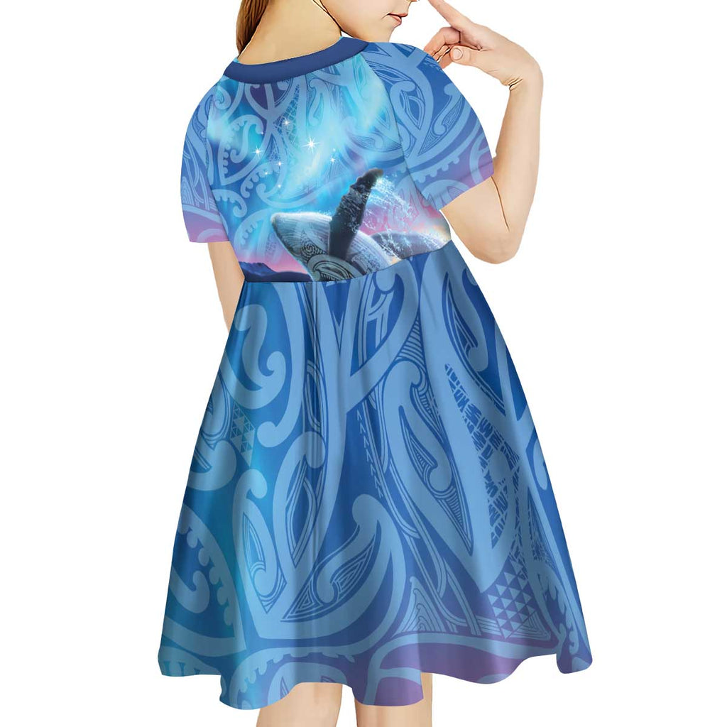 New Zealand Matariki Humpback Whale Kid Short Sleeve Dress Paikea Maori New Year Blue Galaxy