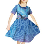 New Zealand Matariki Humpback Whale Kid Short Sleeve Dress Paikea Maori New Year Blue Galaxy