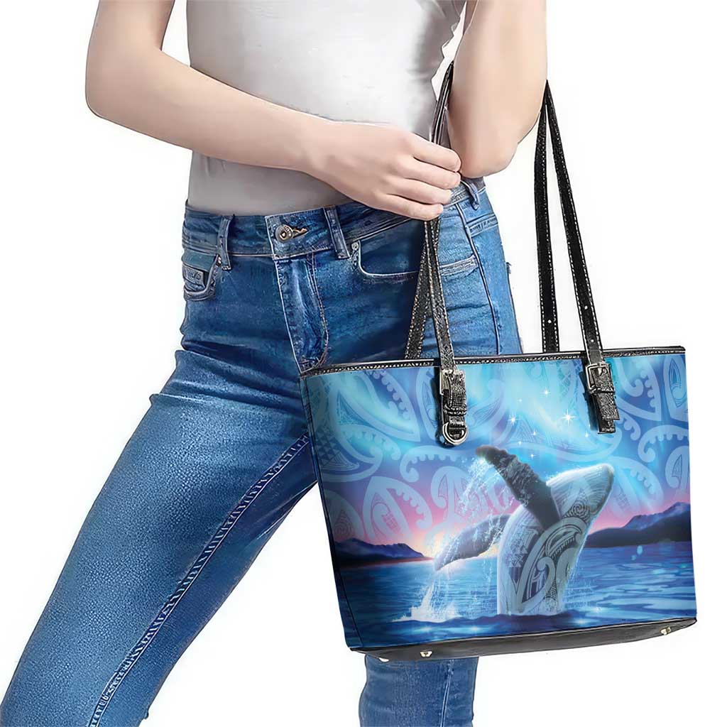 New Zealand Matariki Humpback Whale Leather Tote Bag Paikea Maori New Year Blue Galaxy