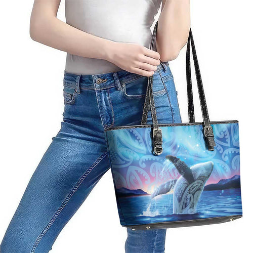 New Zealand Matariki Humpback Whale Leather Tote Bag Paikea Maori New Year Blue Galaxy