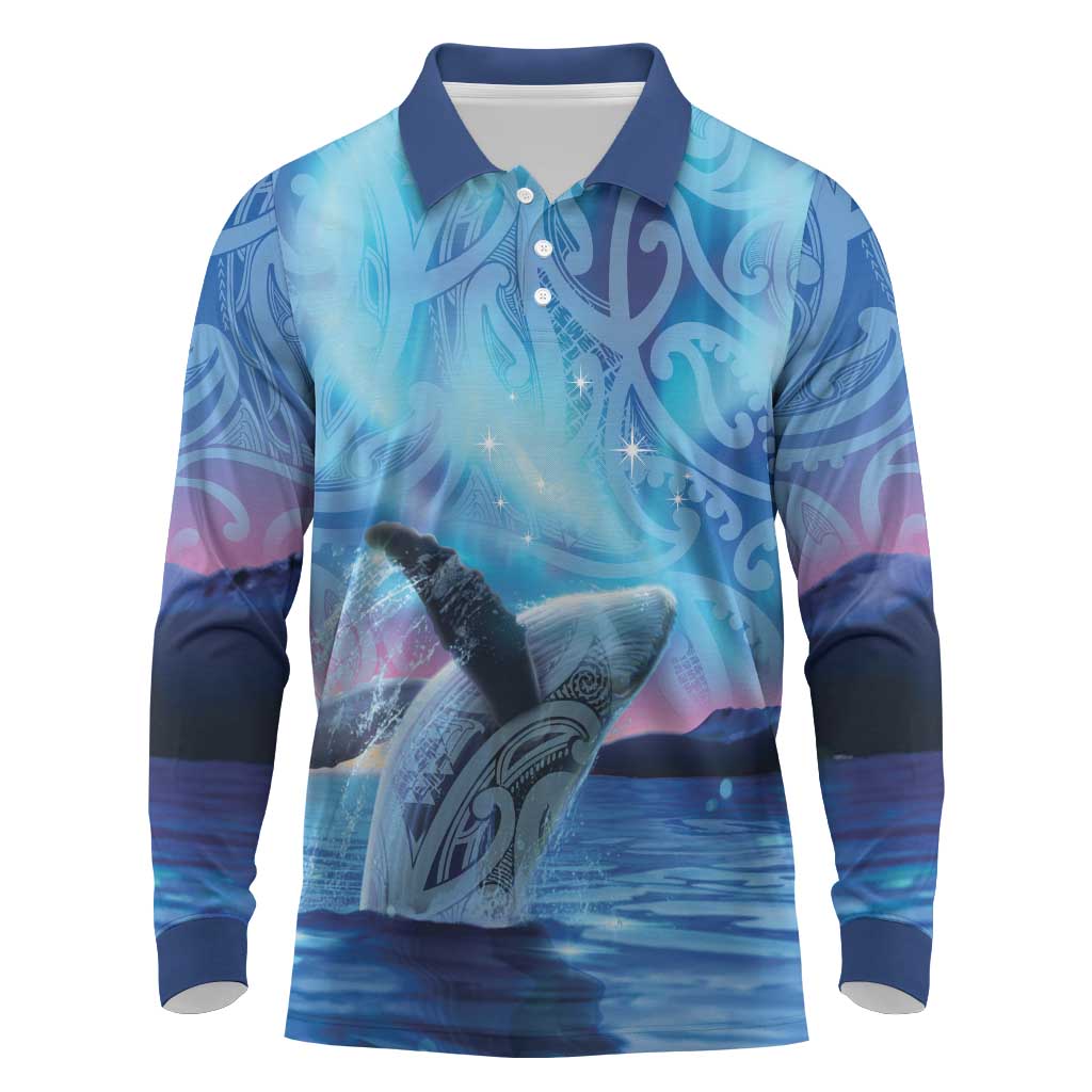 New Zealand Matariki Humpback Whale Long Sleeve Polo Shirt Paikea Maori New Year Blue Galaxy