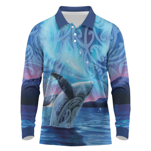 New Zealand Matariki Humpback Whale Long Sleeve Polo Shirt Paikea Maori New Year Blue Galaxy