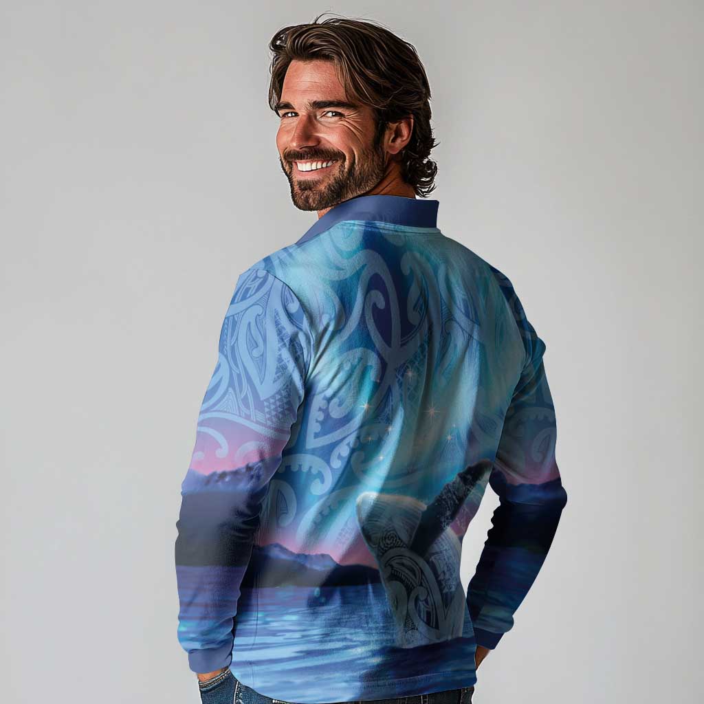 New Zealand Matariki Humpback Whale Long Sleeve Polo Shirt Paikea Maori New Year Blue Galaxy