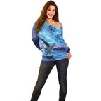 New Zealand Matariki Humpback Whale Off Shoulder Sweater Paikea Maori New Year Blue Galaxy
