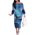 New Zealand Matariki Humpback Whale Off The Shoulder Long Sleeve Dress Paikea Maori New Year Blue Galaxy