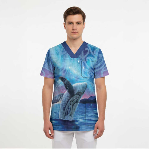 New Zealand Matariki Humpback Whale Scrub Top Paikea Maori New Year Blue Galaxy