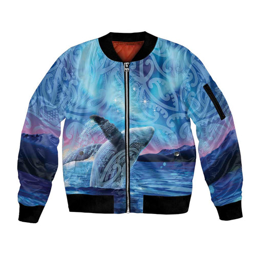 New Zealand Matariki Humpback Whale Sleeve Zip Bomber Jacket Paikea Maori New Year Blue Galaxy