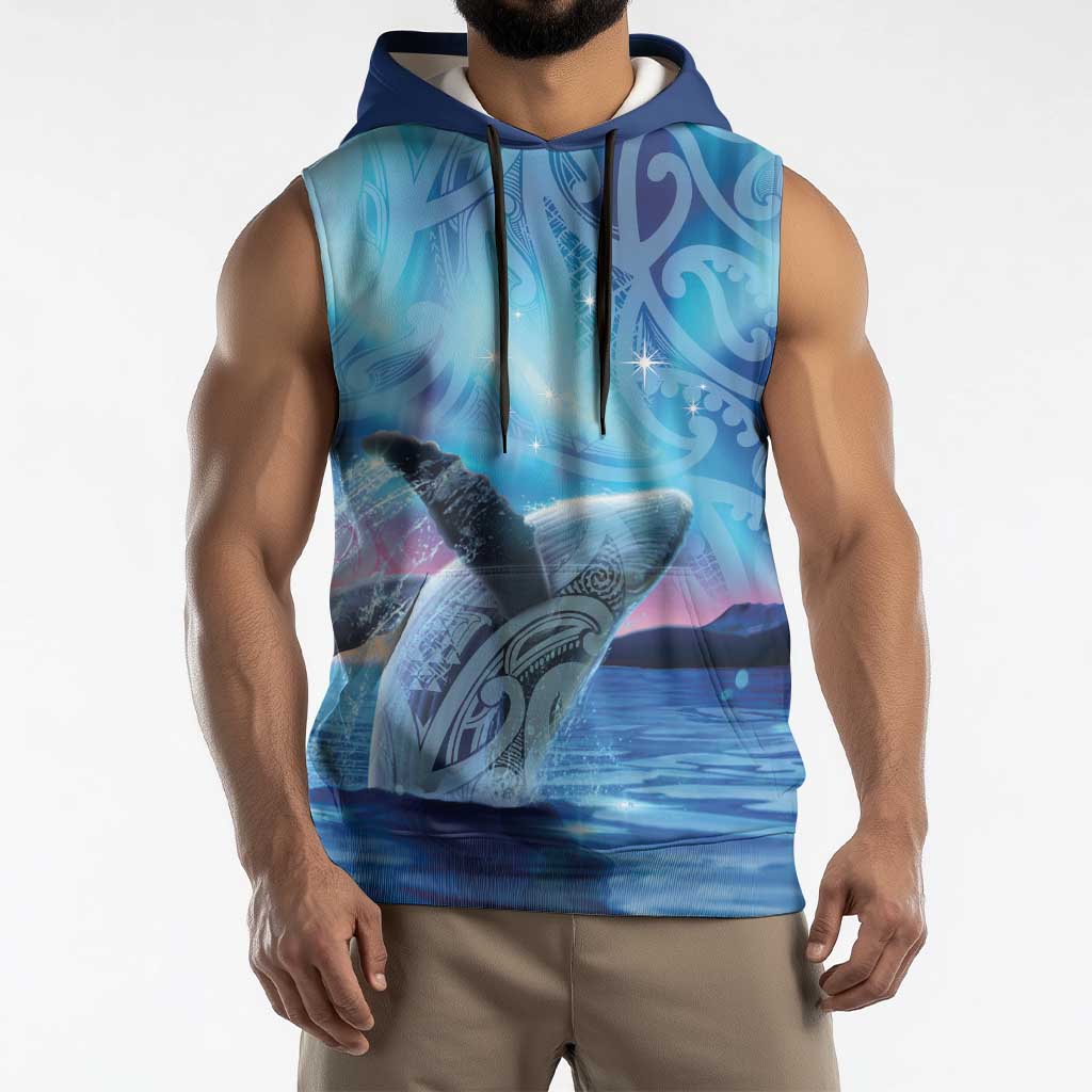 New Zealand Matariki Humpback Whale Sleeveless Hoodie Paikea Maori New Year Blue Galaxy