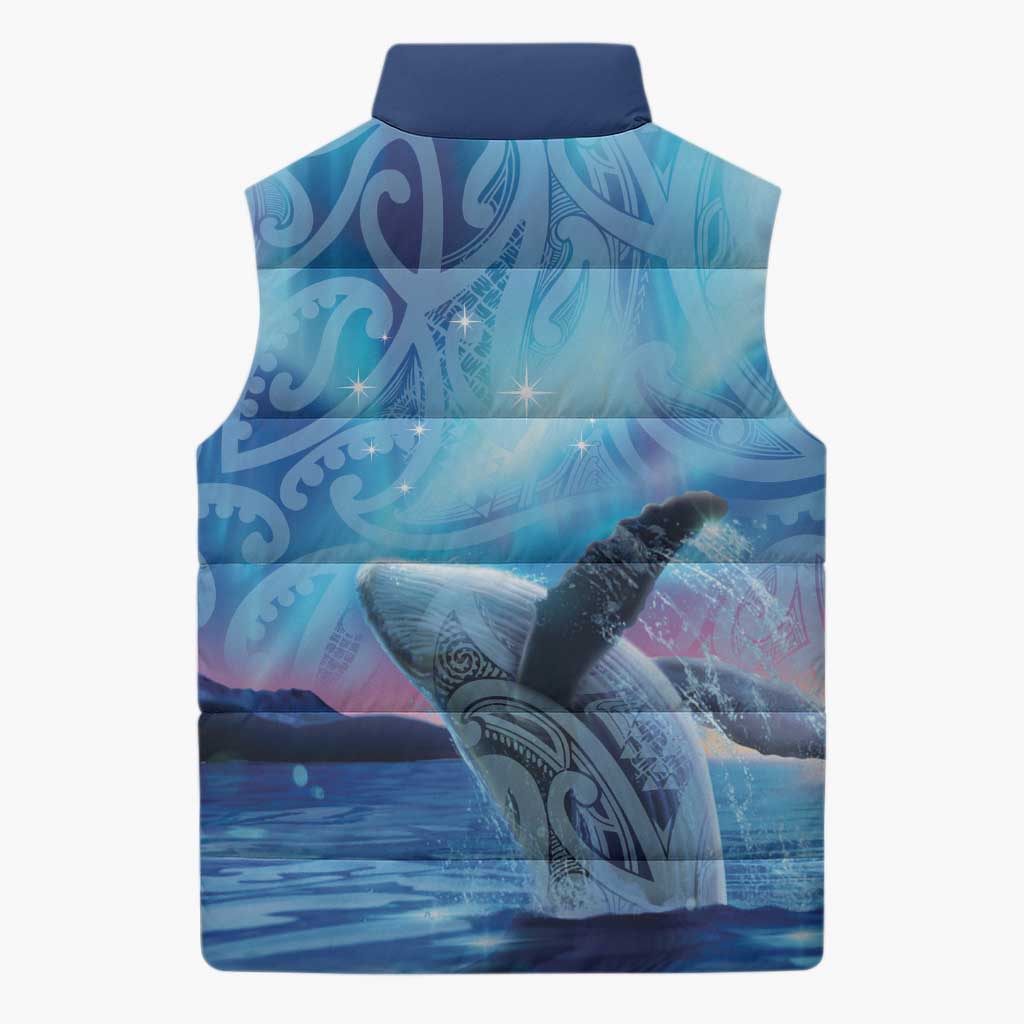 New Zealand Matariki Humpback Whale Sleeveless Puffer Jacket Paikea Maori New Year Blue Galaxy