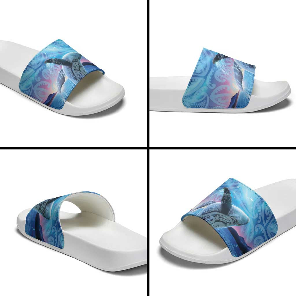 New Zealand Matariki Humpback Whale Slide Sandals Paikea Maori New Year Blue Galaxy