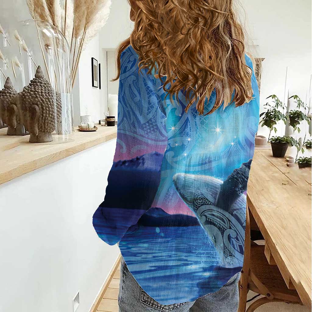 New Zealand Matariki Humpback Whale Women Casual Shirt Paikea Maori New Year Blue Galaxy