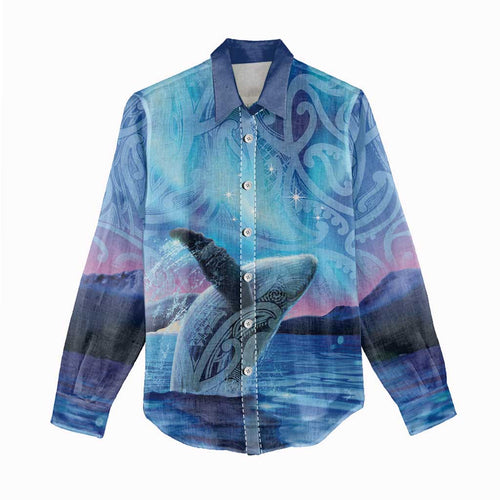 New Zealand Matariki Humpback Whale Women Casual Shirt Paikea Maori New Year Blue Galaxy