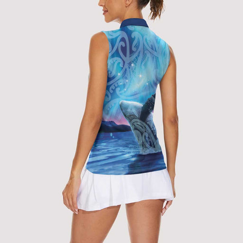 New Zealand Matariki Humpback Whale Women Sleeveless Polo Shirt Paikea Maori New Year Blue Galaxy