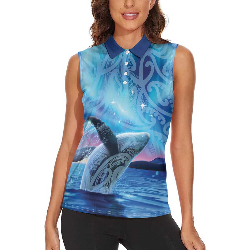 New Zealand Matariki Humpback Whale Women Sleeveless Polo Shirt Paikea Maori New Year Blue Galaxy