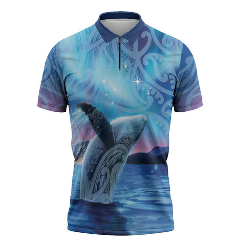 New Zealand Matariki Humpback Whale Zipper Polo Shirt Paikea Maori New Year Blue Galaxy