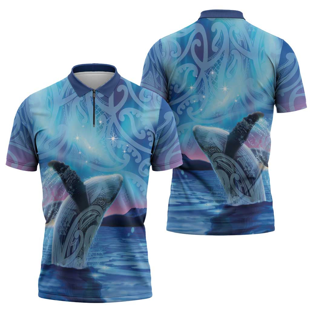 New Zealand Matariki Humpback Whale Zipper Polo Shirt Paikea Maori New Year Blue Galaxy