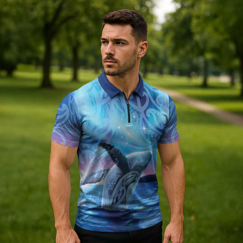 New Zealand Matariki Humpback Whale Zipper Polo Shirt Paikea Maori New Year Blue Galaxy