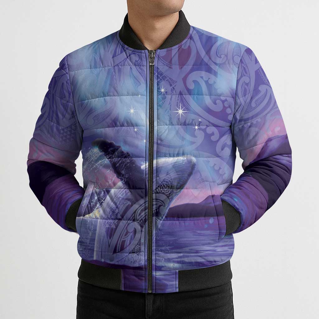 New Zealand Matariki Humpback Whale Bomber Puffer Jacket Paikea Maori New Year Purple Galaxy