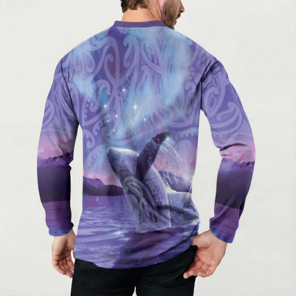 New Zealand Matariki Humpback Whale Button Sweatshirt Paikea Maori New Year Purple Galaxy