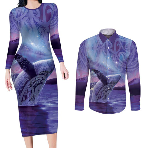 New Zealand Matariki Humpback Whale Couples Matching Long Sleeve Bodycon Dress and Long Sleeve Button Shirt Paikea Maori New Year Purple Galaxy
