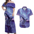 New Zealand Matariki Humpback Whale Couples Matching Off Shoulder Maxi Dress and Hawaiian Shirt Paikea Maori New Year Purple Galaxy