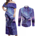 New Zealand Matariki Humpback Whale Couples Matching Off Shoulder Maxi Dress and Long Sleeve Button Shirt Paikea Maori New Year Purple Galaxy