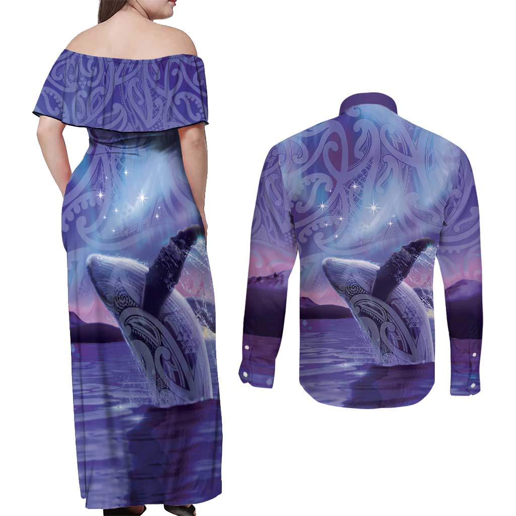 New Zealand Matariki Humpback Whale Couples Matching Off Shoulder Maxi Dress and Long Sleeve Button Shirt Paikea Maori New Year Purple Galaxy