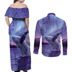 New Zealand Matariki Humpback Whale Couples Matching Off Shoulder Maxi Dress and Long Sleeve Button Shirt Paikea Maori New Year Purple Galaxy