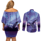 New Zealand Matariki Humpback Whale Couples Matching Off Shoulder Short Dress and Long Sleeve Button Shirt Paikea Maori New Year Purple Galaxy