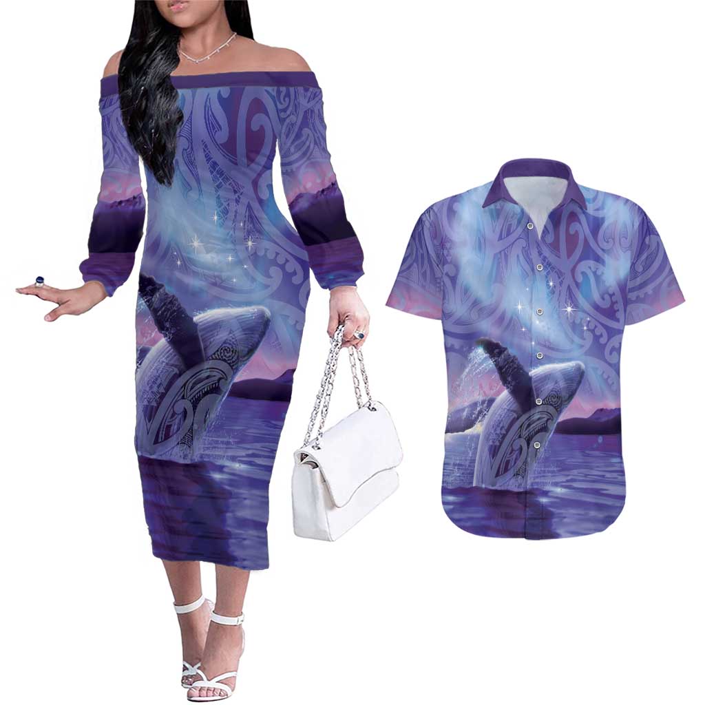 New Zealand Matariki Humpback Whale Couples Matching Off The Shoulder Long Sleeve Dress and Hawaiian Shirt Paikea Maori New Year Purple Galaxy