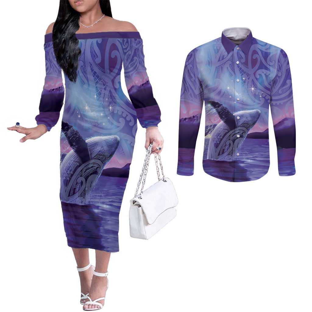 New Zealand Matariki Humpback Whale Couples Matching Off The Shoulder Long Sleeve Dress and Long Sleeve Button Shirt Paikea Maori New Year Purple Galaxy