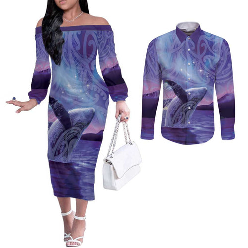 New Zealand Matariki Humpback Whale Couples Matching Off The Shoulder Long Sleeve Dress and Long Sleeve Button Shirt Paikea Maori New Year Purple Galaxy