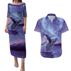 New Zealand Matariki Humpback Whale Couples Matching Puletasi and Hawaiian Shirt Paikea Maori New Year Purple Galaxy