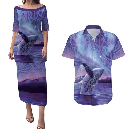 New Zealand Matariki Humpback Whale Couples Matching Puletasi and Hawaiian Shirt Paikea Maori New Year Purple Galaxy