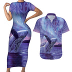 New Zealand Matariki Humpback Whale Couples Matching Short Sleeve Bodycon Dress and Hawaiian Shirt Paikea Maori New Year Purple Galaxy