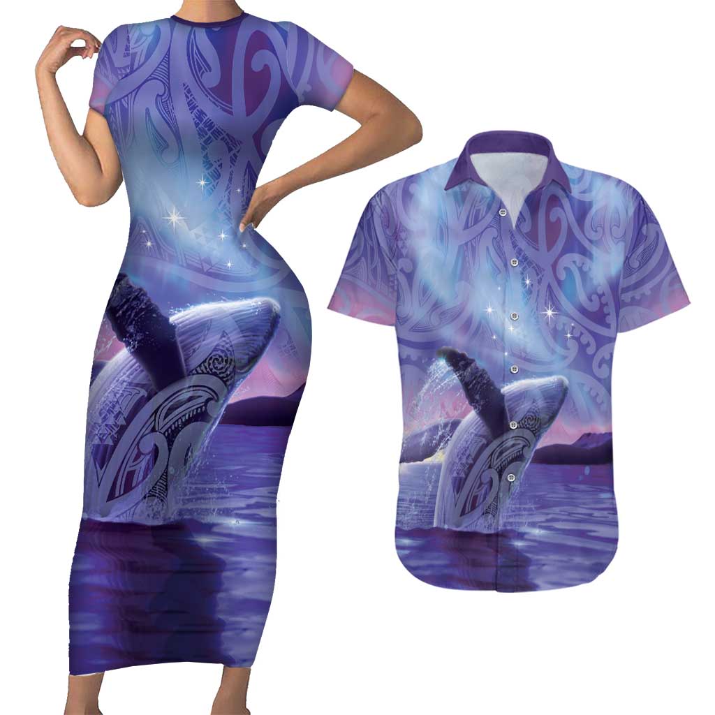 New Zealand Matariki Humpback Whale Couples Matching Short Sleeve Bodycon Dress and Hawaiian Shirt Paikea Maori New Year Purple Galaxy